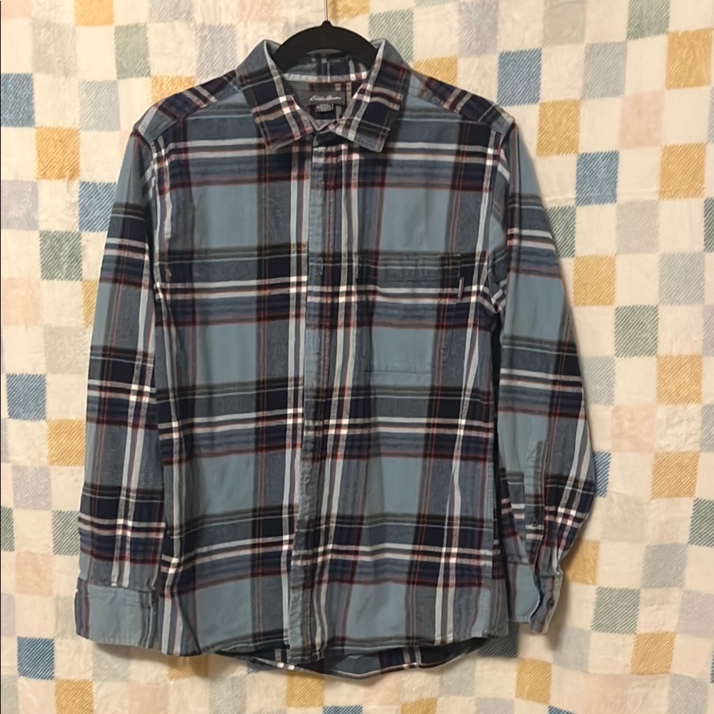 Eddie Bauer Blue and Red Casual Button Down Flannel